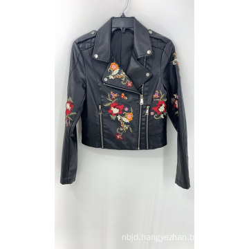 Women's Black Pu Embroidery Jacket